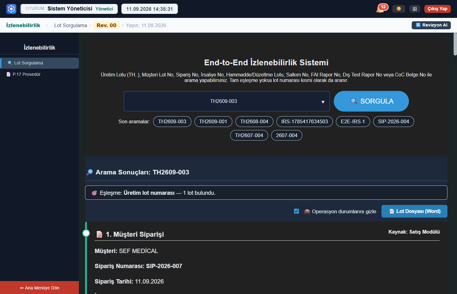 Uçtan Uca Lot Sorgulama